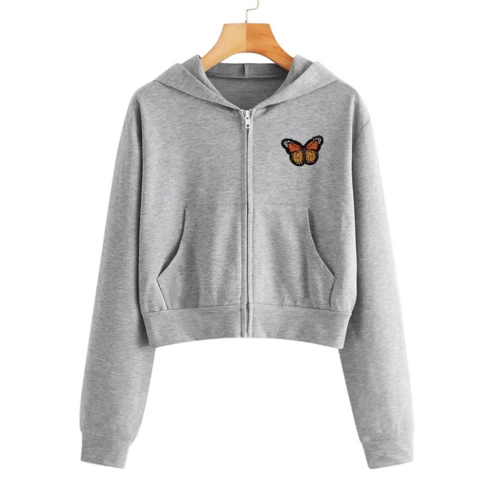 Women's Solid Color Zip Up Hoodie with Butterfly Embroidery